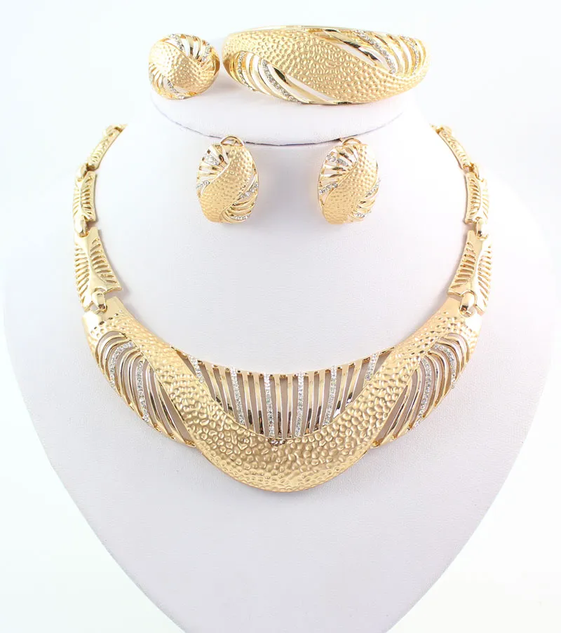 African Jewelry Statement Necklace Ring Earring Bracelet Crystal Wedding Bridal Fashion Beautiful 18K Gold Plated Jewelry Sets