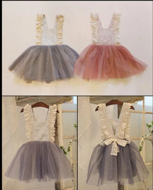 girls lace bows suspender dresses spring new brand kids clothing cute korean baby fashion lace tulle princess kids party dress A714295294