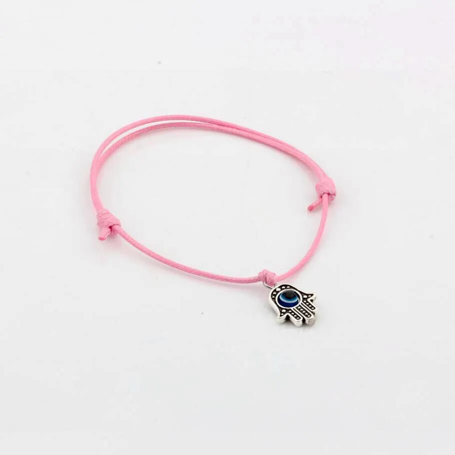 Heet ! 50 stks Hamsa Hand String Evil Eye Lucky Pink Color Wax Cord Spiritual Armbanden Succesbescherming