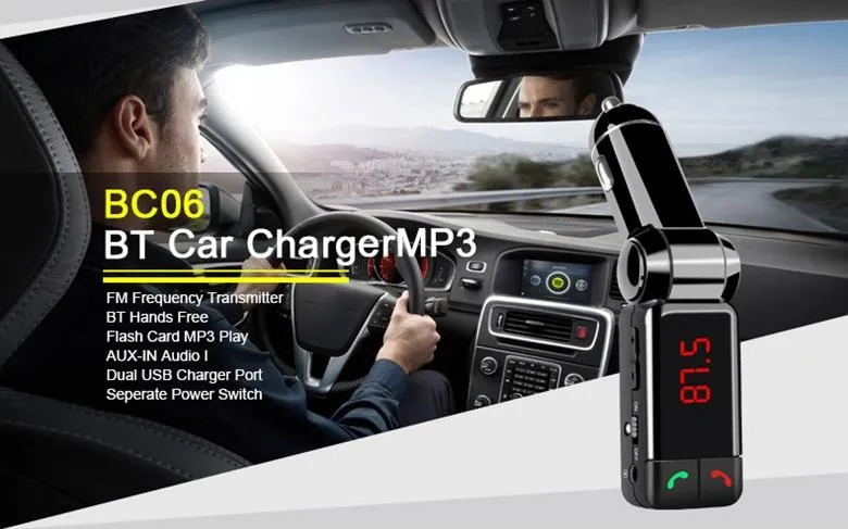 Mini carregador de carro bluetooth handsfree com dupla porta de carregamento USB 5 V / 2A LCD U disco FM transmissão Mp3 AUX BC-06