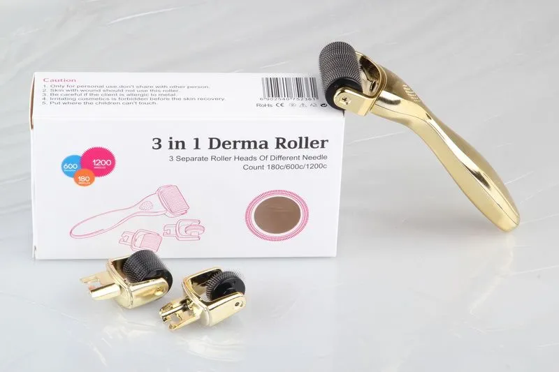 Derma Roller 3 en 1, 3 têtes de rouleau séparées de différents nombres d'aiguilles 180c/600c/1200c, poignée dorée, micro-aiguille, traitement des cicatrices du rouleau cutané