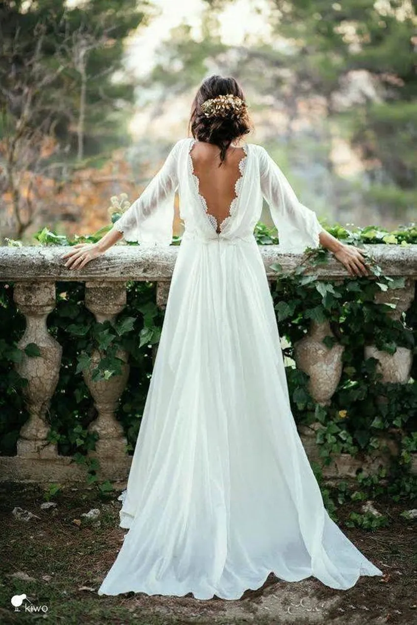 2020 Sexy Ivory Lace 3/4 Long Sleeve Backless Bohemian Wedding Dresses 2017 Summer Court Train Flow Chiffon Plus Size Beach Bridal Gowns 356