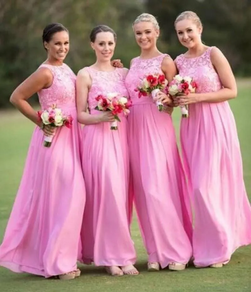 A Line Chiffon Bridesmaid Dress With Bateau Lace Appliques Sleeveless Floor Length Pink Bridesmaid Dresses Ruffles Zipper Back Bridal Gown