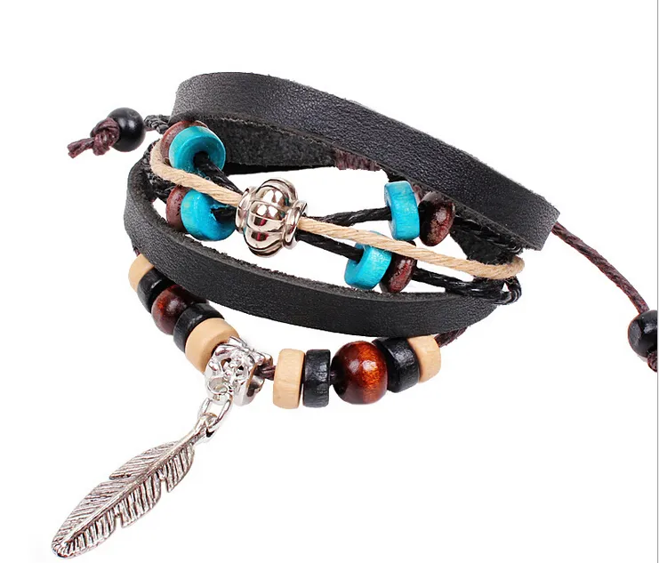 Bracelets multicouches en cuir véritable, Bracelets à brins de perles, Bracelets à breloques pour femmes, cadeaux, gouttes de feuilles noires