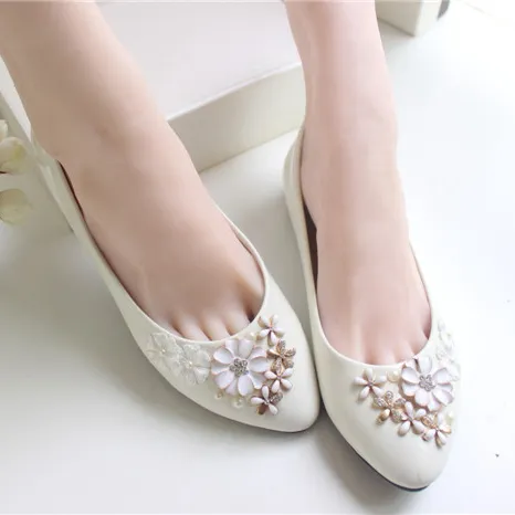 Ivory Flower Wedding Shoes Lace Handmade 2015 Bridal Shoes Cheap Custom Made Heel Height Flat Women Shoes for Wedding Bridesmaid Shoes