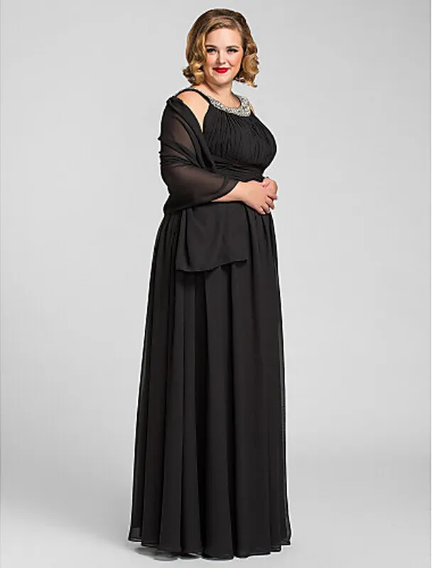 Sexy plus size A-lijn juweel vloer lengte chiffon avond / prom jurk met sjaal