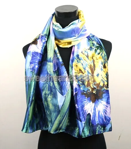 1 pièces jaune bleu fleur de lys foulards Satin peinture à l'huile longue enveloppe châle plage foulard en soie 160X50cm