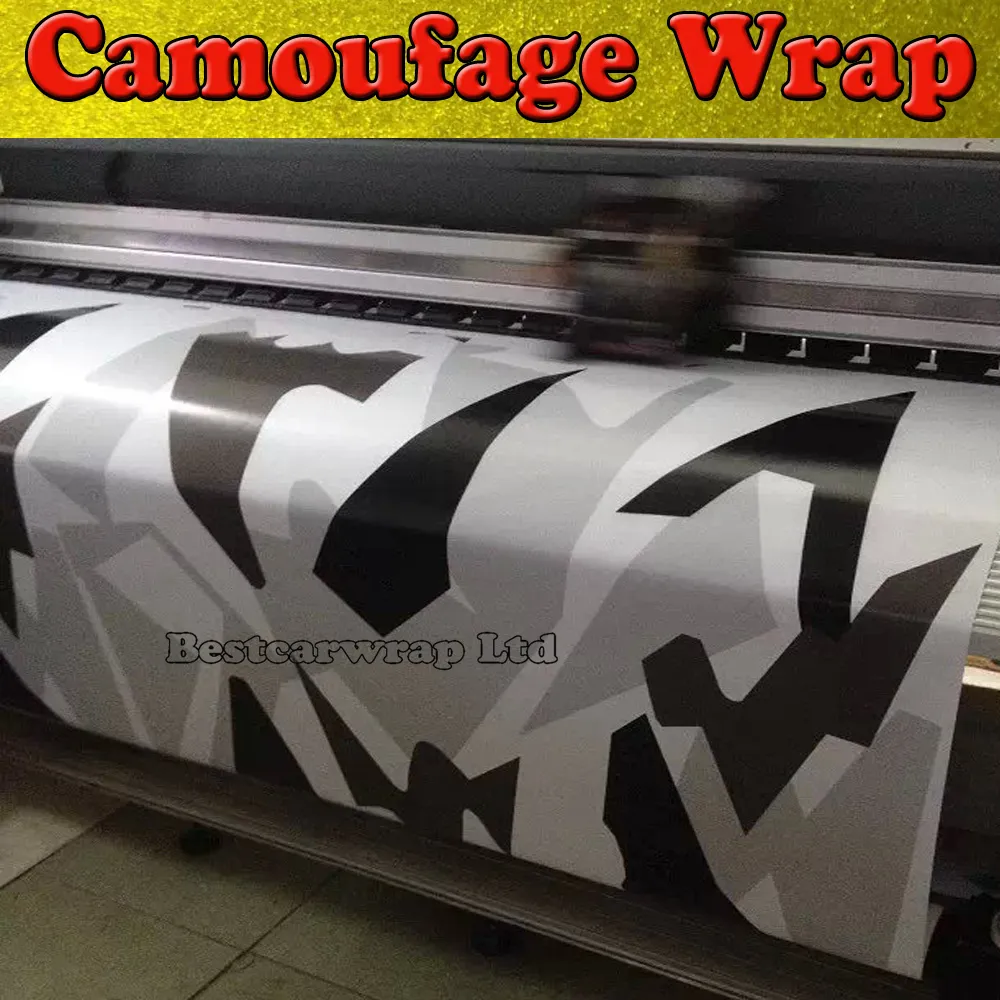 Svart Vit Grå Arktisk Camouflage / Camo Vinyl för bilfolie Pixel Camo Sticker Film med Air Release Vehicle Graphic Storlek: 1,52 x 30m / Roll