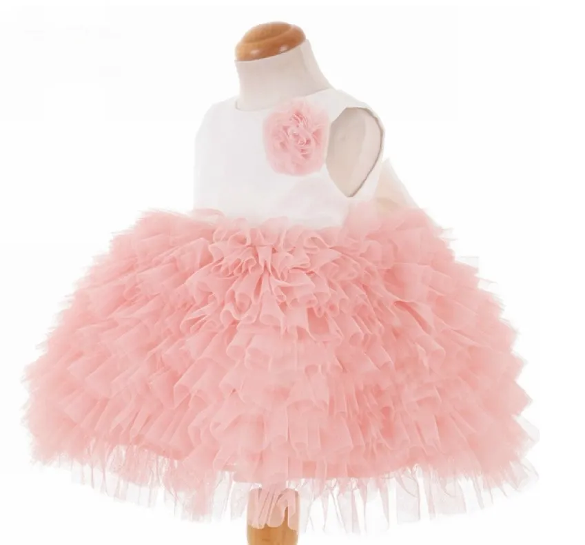 Gerçek Örnek Custom Made Çiçek Kız Elbise Ucuz Küçük Pretty Bir Çizgi Jewel Katmanlı Diz Boyu Tül Elbise