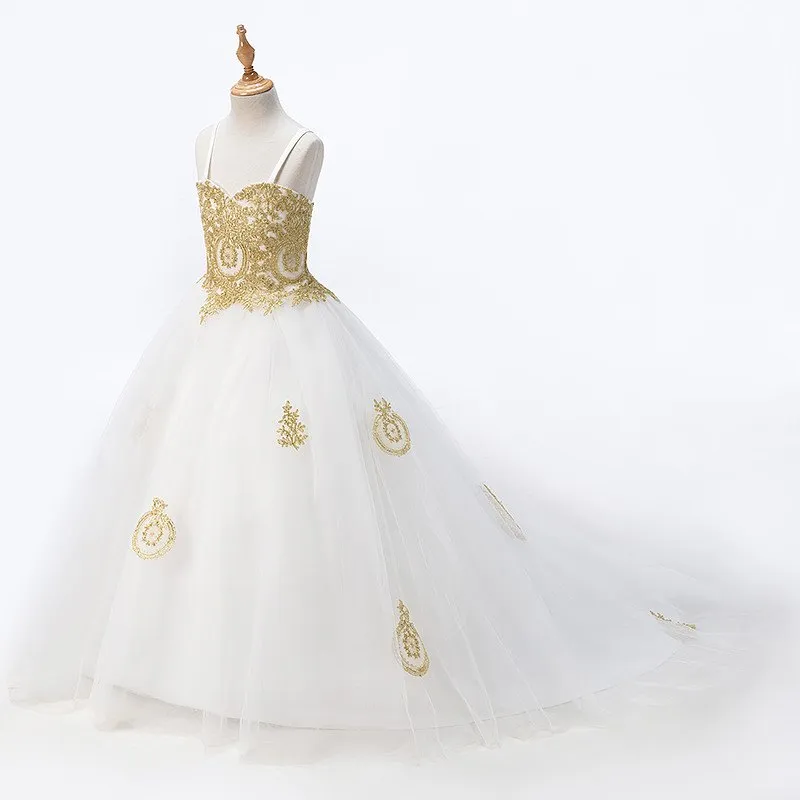 2022 Fashion Blanc avec de la dentelle en dentelle Gold Flower Girls Robes Princess Designer For Wedding Kids Girls Tulle Rucched avec des bracelets spaghetti Chea 241W