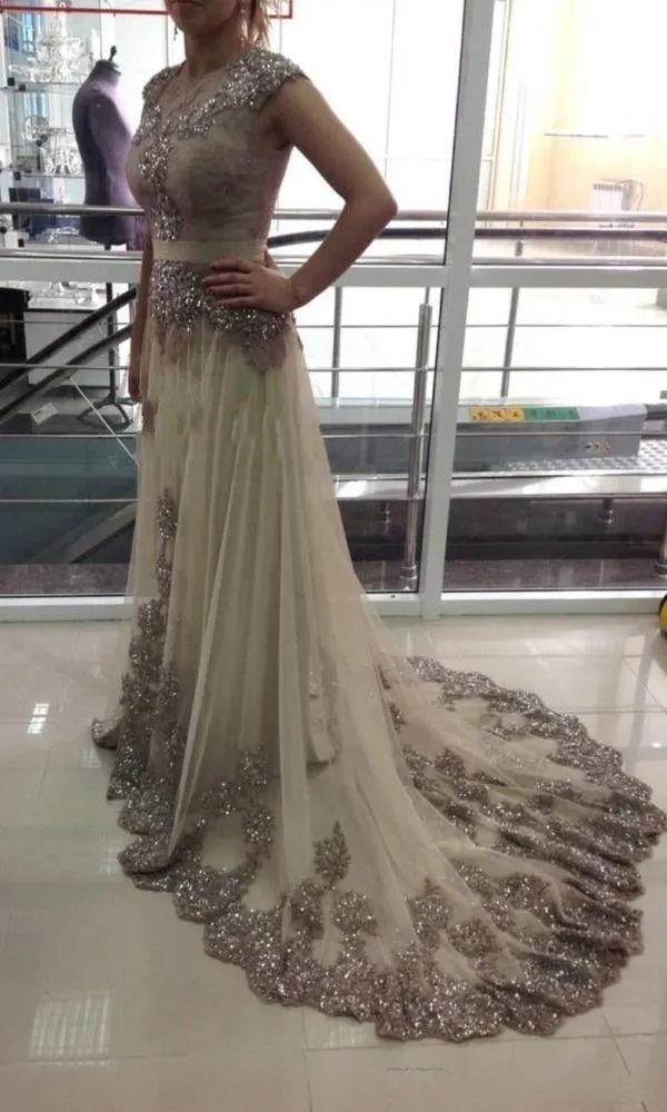 2015 New Best Selling Sexy Long Arabic Evening Dresses Cap Sleeve High Neck Beaded A Line Tulle Celebrity Prom Gowns