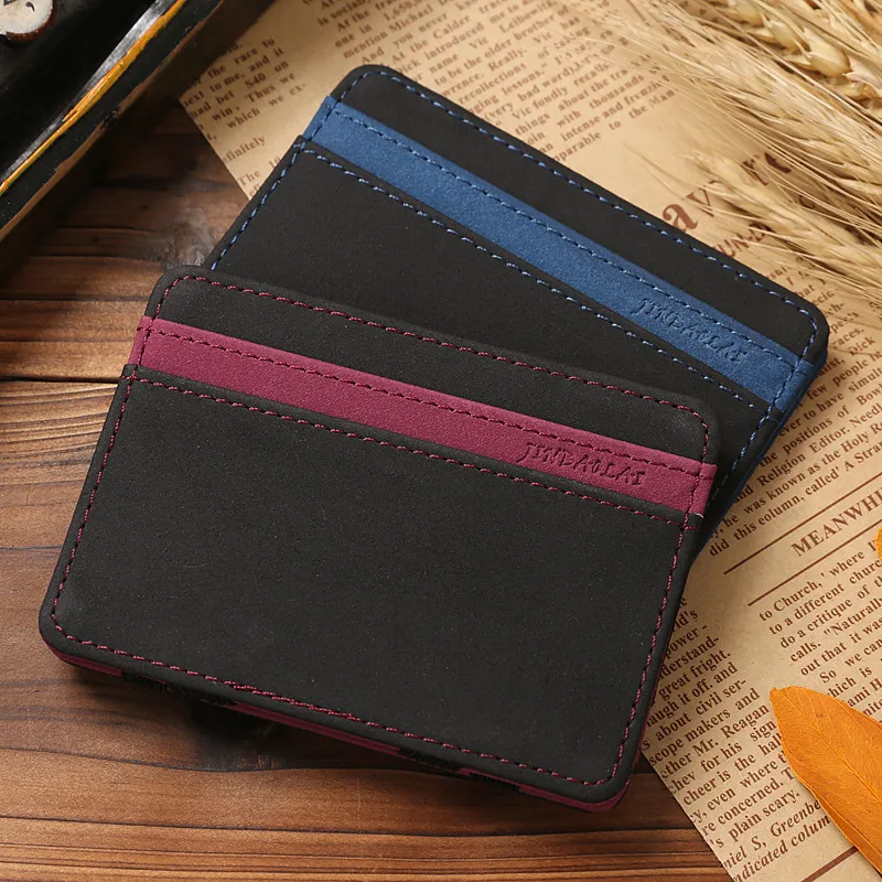 super Slim simple leather magic elastic money clip id mini business card holder wallet 6 holders blue red