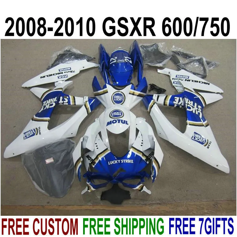 ABS full fairing kit for SUZUKI GSXR750 GSXR600 2008-2010 K8 K9 white blue LUCKY STRIKE fairings set GSXR600/750 08 09 10 KS78