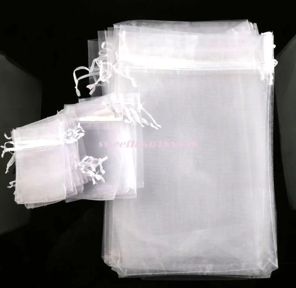 100 pcs lot vendre 4 tailles blanc Organza bijoux cadeau pochette sacs pour faveurs de mariage perles bijoux 253G