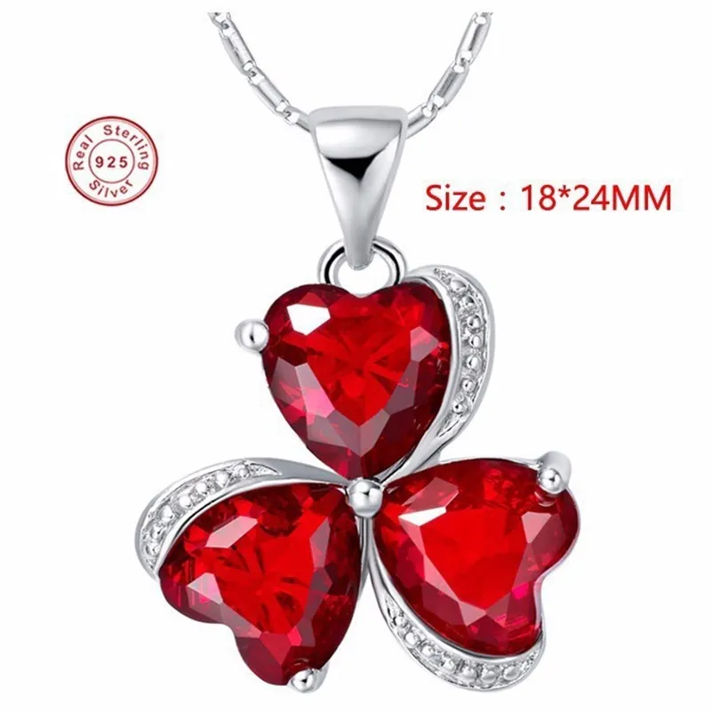 YHAMNI Luxury 100% 925 Sterling Silver Necklace New Fashion Jewelry Red Heart Crystal Clover Pendant Necklace For Women N880