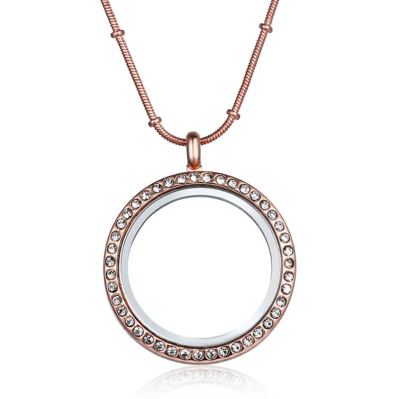 Rose Gold Silver DIY Glass lockets Necklaces with crystal 30mm Circle magnetic floating charm locket pendants snake chains