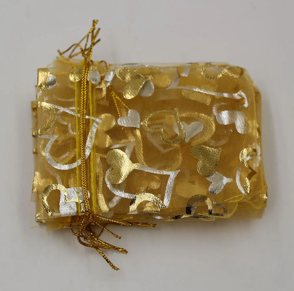 Heet ! Sieraden Verpakking 100 stks Goud Hart Organza Pouch Bruiloft Gunst Gift Bags 7x9cm / 9x12cm / 13x18cm