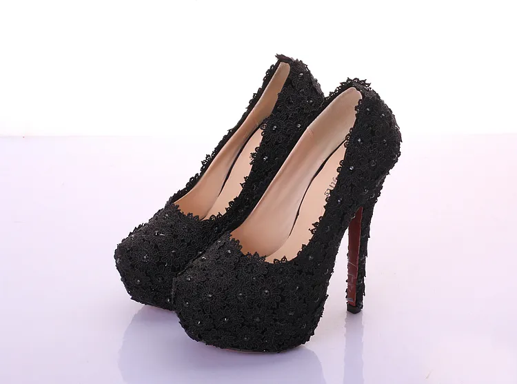 Super High Heel Bridesmaid Shoes Black Lace Rhinestone Bridal Wedding Shoes Beautiful Graduation Party Prom High Heels 2483