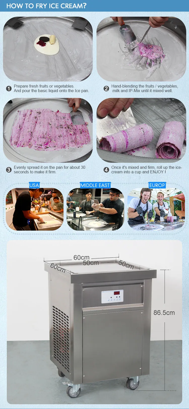 Kostenlose Versandküchenausrüstung ETL CE THAI EINFAHRE Square 52x52 cm Pan Instant Roll Ice Cream Machine mit vollem Kältemittel