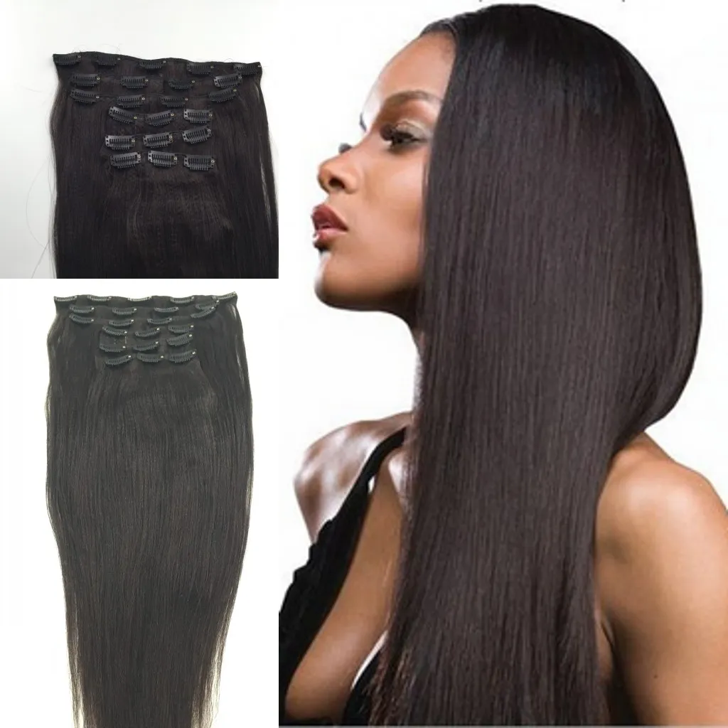 Brazilian Virgin Yaki Straight Clip In Hair Extensions, 100% Human Hair Yaki Clip In Extensions, 7pcs / Set, Color 1b