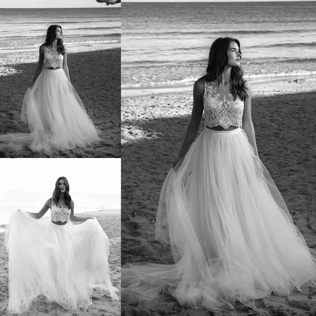 Vestidos de novia de dos piezas Lihi hod 2018 Apliques de encaje Vestido de novia Tren de barrido Crystal Spring Beach Jewel Neck Beads Vestidos de novia