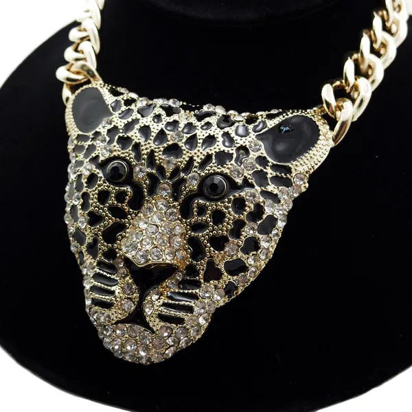 Fashion Women Hiphop Tiger Necklace Rhinestone Head Leopard Necklaces Pendants Vintage Retro Long Necklace Exaggeration Jewelry
