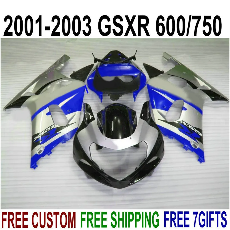 7 regali bodykits per SUZUKI GSX-R600 GSX-R750 01 02 03 kit carena K1 GSXR600/750 2001-2003 argento blu nero carenature set XA69