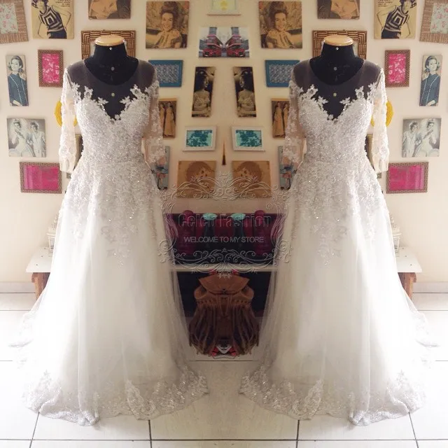 New Arrival Wedding Dress Beading White Lace Body Half Sleeves Long Elegant Wedding Dress Real Picture Wedding Gown