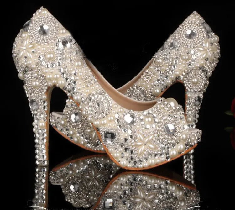 Unique Ivoire Perle Strass Robe De Mariée Chaussures Peep Toe Chaussures De Mariée À Talons Hauts Imperméable Femme Parti Chaussures De Bal Taille 34-43 Plateformes