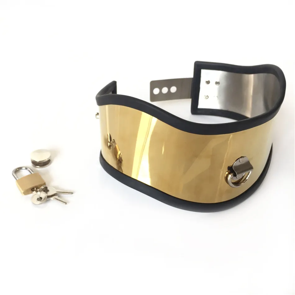 Luxury Titanium Gold Necklet Neck Ring Metal Stainless Steel Restraint Posture Collar Bondage Adult BDSM Sex Games Toy For Male Female