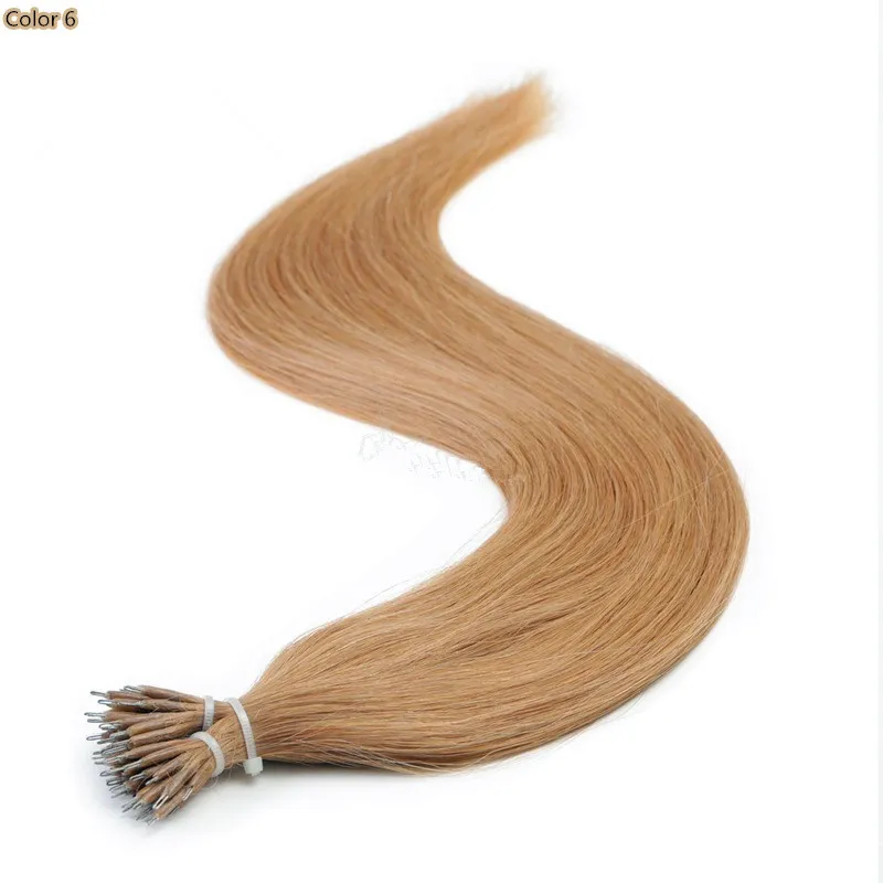 Kleur 6 # Chestnut Brown Silk Rechte 8A Nano Ring Hair Extensions 0.8G / s 300st Pack Factory Prijzen 240G Link Hair Extension