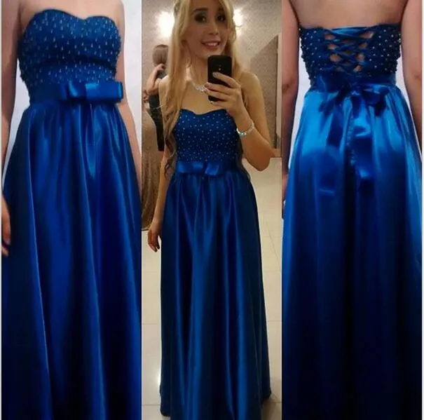 Elegant 2016 A Line Sweetheart Sleeveless Evening Dresses Satin Floor Length Royal Blue Long Prom Party Dress with Beads