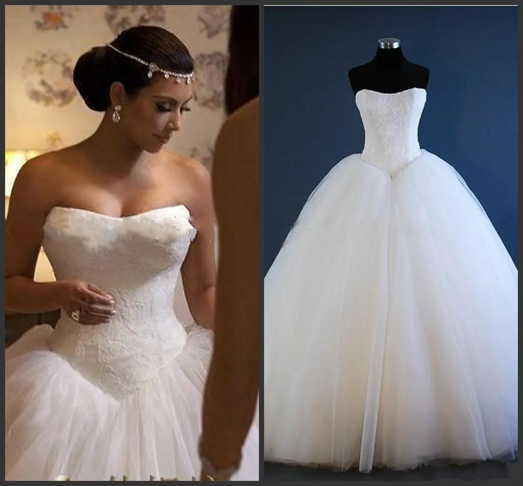 Nuovo corsetto Kim Kardashian Abito da sposa Immagini reali Vendita calda Moda senza spalline A-line Abiti da sposa Gow da sposa Tulle pizzo bianco