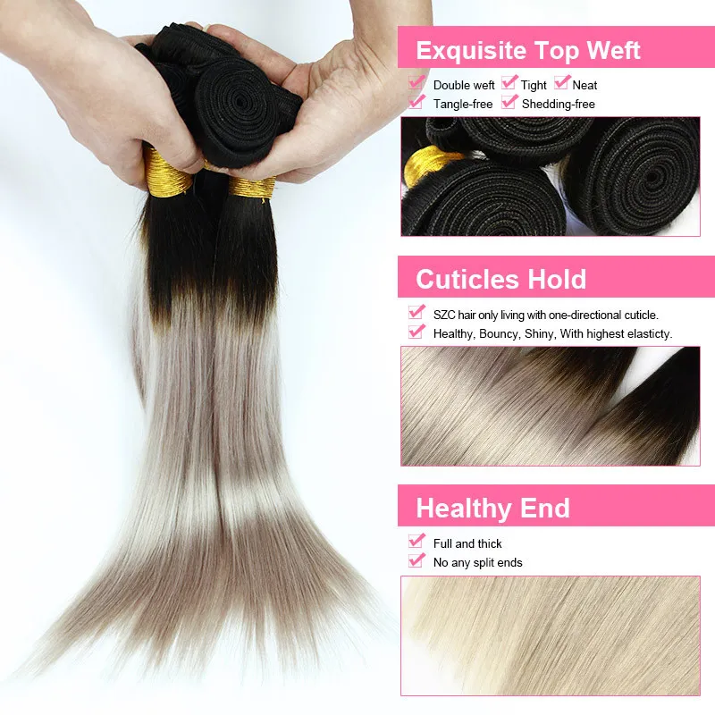 Grade 8A Bundle with Ombre color T1B/Grey Brazilian Virgin Hair silk straight wave human hair weaves 