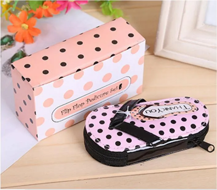 Slipper Style Pink Polka Dot Purse Manicure Set Dusch Favoriter Flip Flop Nail Scissor Care Pedicure Set, Free Ship