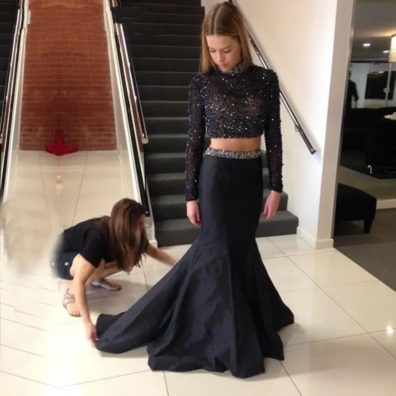 chinese dress ladies Bateau Neck Two Piece Black Long Sleeves Prom Dress PG319 US8 / Custom Color