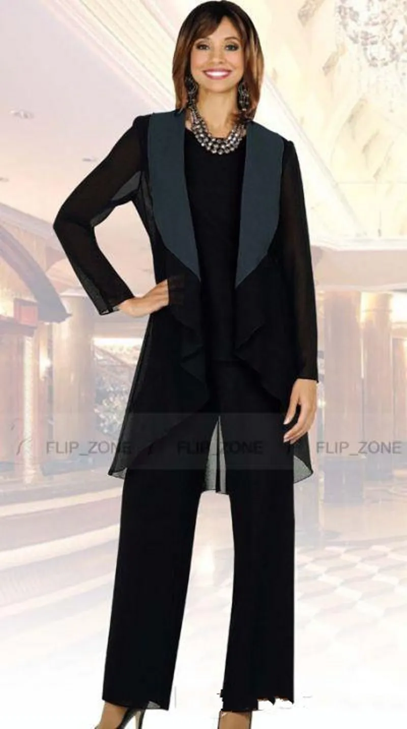 Black Long Jacket Mother of the Bride Pant Suits with Long Sleeve Plus Size Three-Piece Mother's Formal Wear Evening Groom Gowns Cheap 123