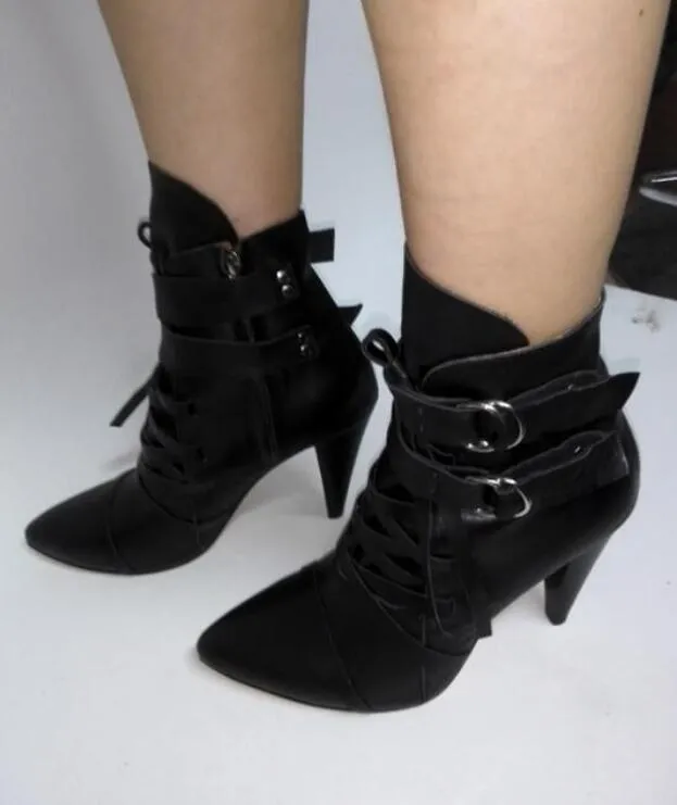 Women Cow Suede Leather Boots For Women Buckle 8cm Spike Heel Ankle Boots Cross-tied spike heel Boots Narrow Band Shoes 2018