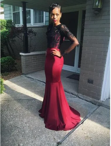 2k15 South African Long Sleeve Evening Dresses Black Burgundy Lace Trumpet Prom Party Gowns Elegant Bateau Neck Backless Girl Prom Dresses