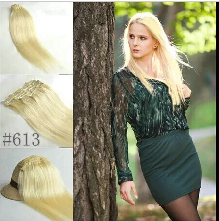 5A 10pcs/set 160g/set 18"-26" #613 light blonde real human hair/brazilian hair clips in extensions real straight full head dhl free