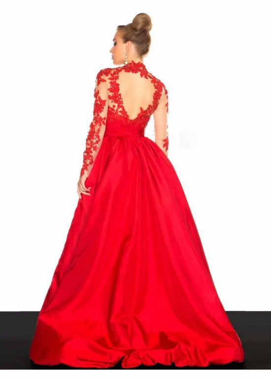 2016 Long Sleeve Backless Red Applique Lace Evening Dresses Court Train High Neck Nude Colorful A line Taffeta Evening Gowns Dresses d033