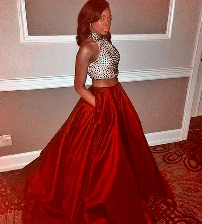 2016 Black Girl Two Pieces Evening Gowns Dresses Beaded Top and Taffeta Ball Gown Halter Prom Gowns Party Dresses