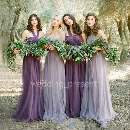 2015 Hot! Romantic Convertible Long Bridesmaid Dresses Grape and Lilac Plus Size Floor Length Tulle Garden Wedding Party Dresses Cheap