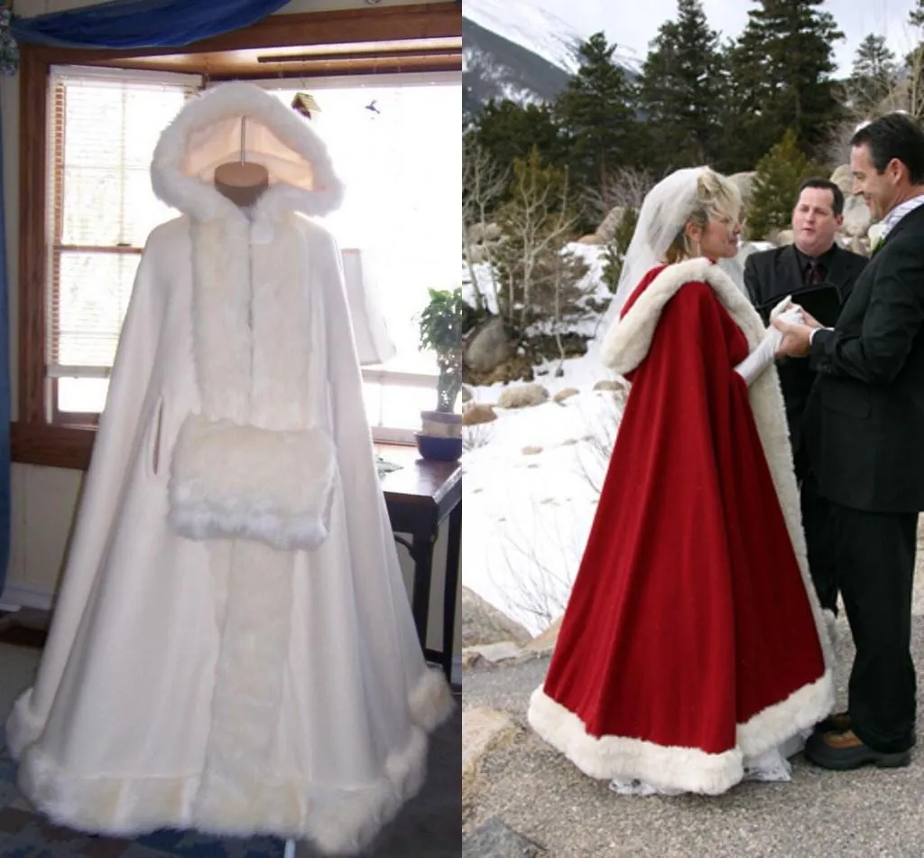 Billiga Bridal Cape Ivory Stunning Wedding Cloaks Hooded With Faux Fur Trim Ankel Längd Röd Vit Perfekt för Vinter Custom Made Wraps Jacka