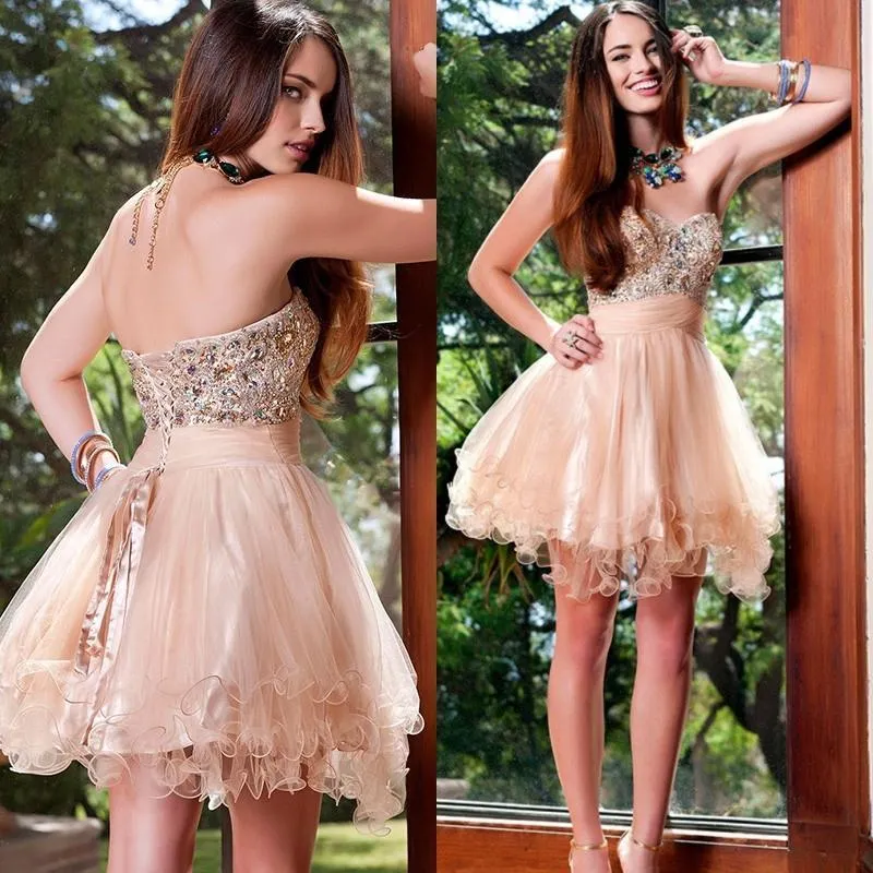 Abiti da laurea corti in organza pesca di ottava elementare vestido de formatura Perline con strass Abiti da festa scintillanti ritorno a casa Cockt233G