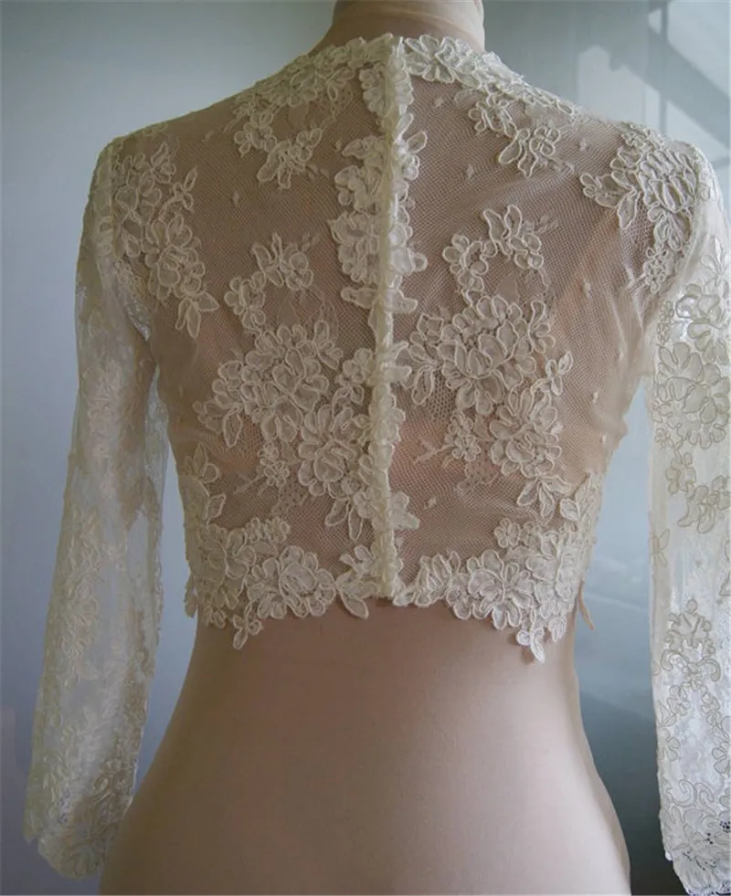 Hot Cheap Bridal Wraps Modest Alencon Lace Crystals Long Sleeves Wedding Bridal Bolero Wedding Dresses Custom Made Sheer Lace Applique