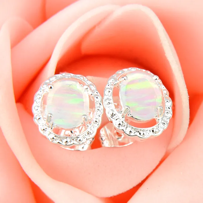 Partihandel 3 par / mycket mor gåva vit oval eld opal kristall ädelsten 925 sterling silver pläterad usa stud bröllop örhängen