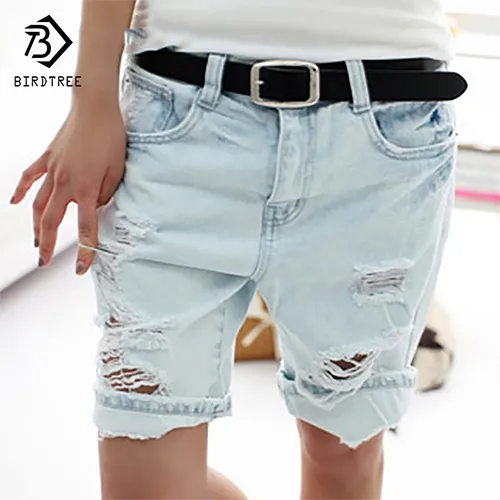 Partihandel- Cotton Casual Plus Size 4XL 2017 Hot Women's Jeans Short Dog Embrodery Holes Ripped Pockets Kne Length Denim Shorts B7031307H