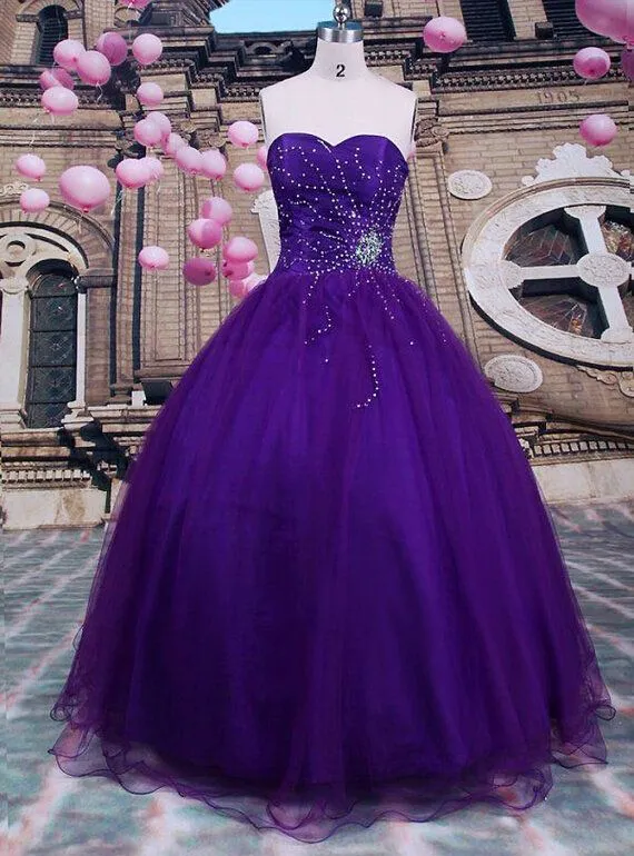 2015 Nowa Seksowna Suknia Balowa Fioletowy Quinceanera Suknie Organza Frezowanie Piętro Długość Słodka 16 Dress WD187