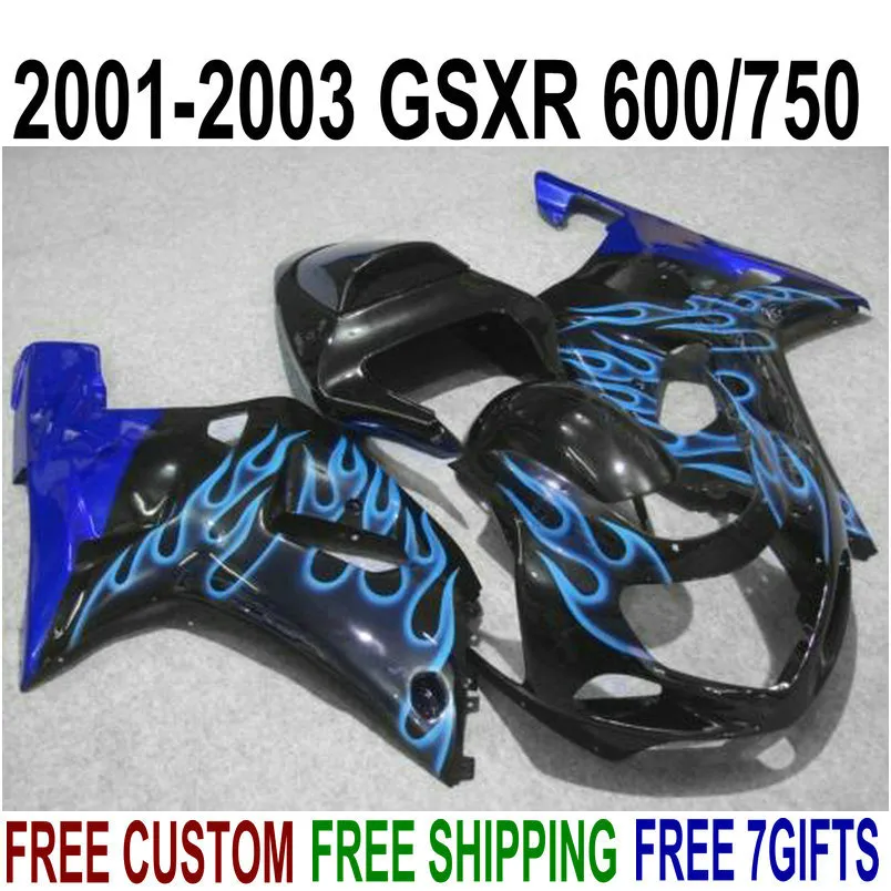 Kit de carenagem para motos ABS para SUZUKI GSXR600 GSXR750 2001 2002 2003 K1 chamas azuis para carenagens pretas GSX-R600 / 750 01-03 RA51